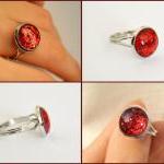 Sparkling Red Ring - Glass Cabochon And Glitters