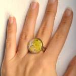 Yellow Flowers Adjustable Ring With Glass Cabochon