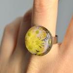 Yellow Flowers Adjustable Ring With Glass Cabochon