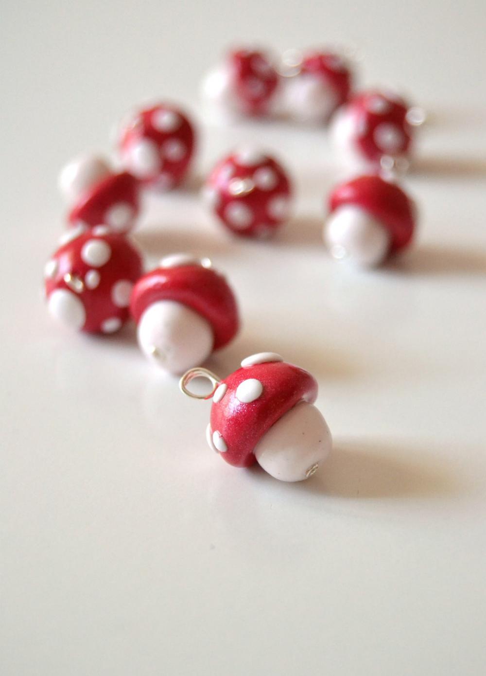 Red And White Mushrooms In Polymer Clay, 10 Handmade Pendants